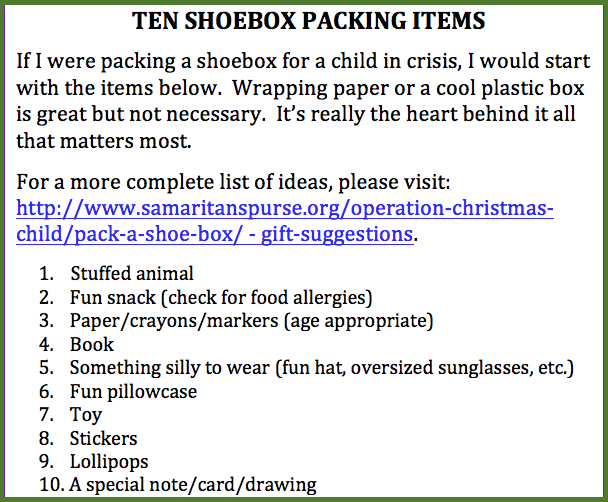 10 Shoebox packing items